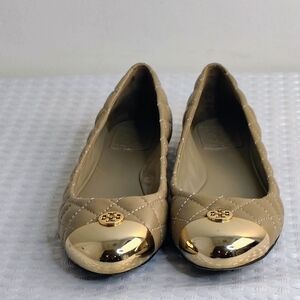 Tory Burch Quilted Beige Ballet Flats with Gold Cap Toe